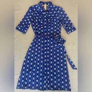 Laundry By Design Women’s Shirt Dress Size 6 Tie Belt Blue Geo Full Button Up